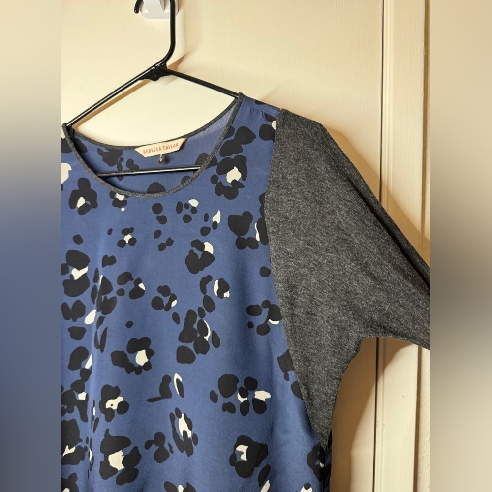 Rebecca Taylor Navy Blue Grey Leopard Animal Print Silk Wool Blend Blouse Size 2 - Picture 5 of 14